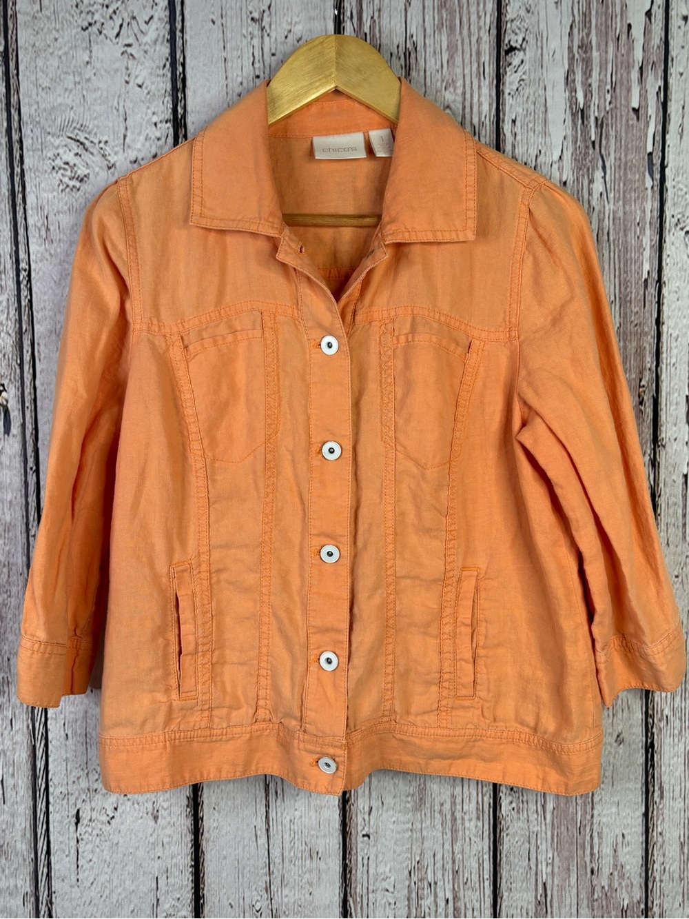 Chico’s 1 Medium Cantaloupe Orange Linen Trucker Jacket 3/4 Sleeves Tiny Marks